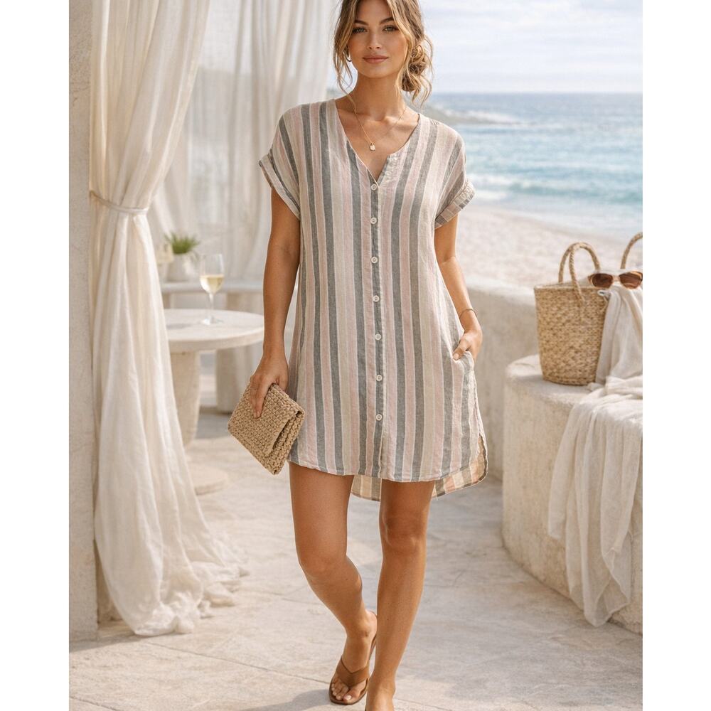 Caslon Striped Dress Women XS Pink Taupe Button Front Linen Blend Casual Coastal